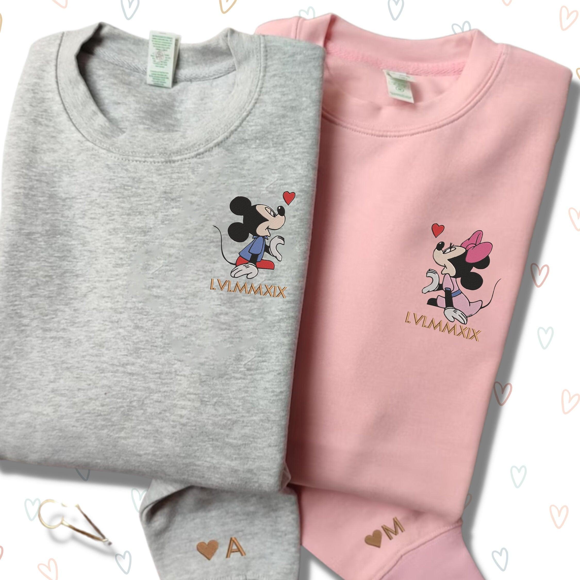 Custom Embroidered Sweatshirts For Couples, Cartoon Mouse Heart Roman Numeral Date Embroidered Matching Couples Sweatshirt