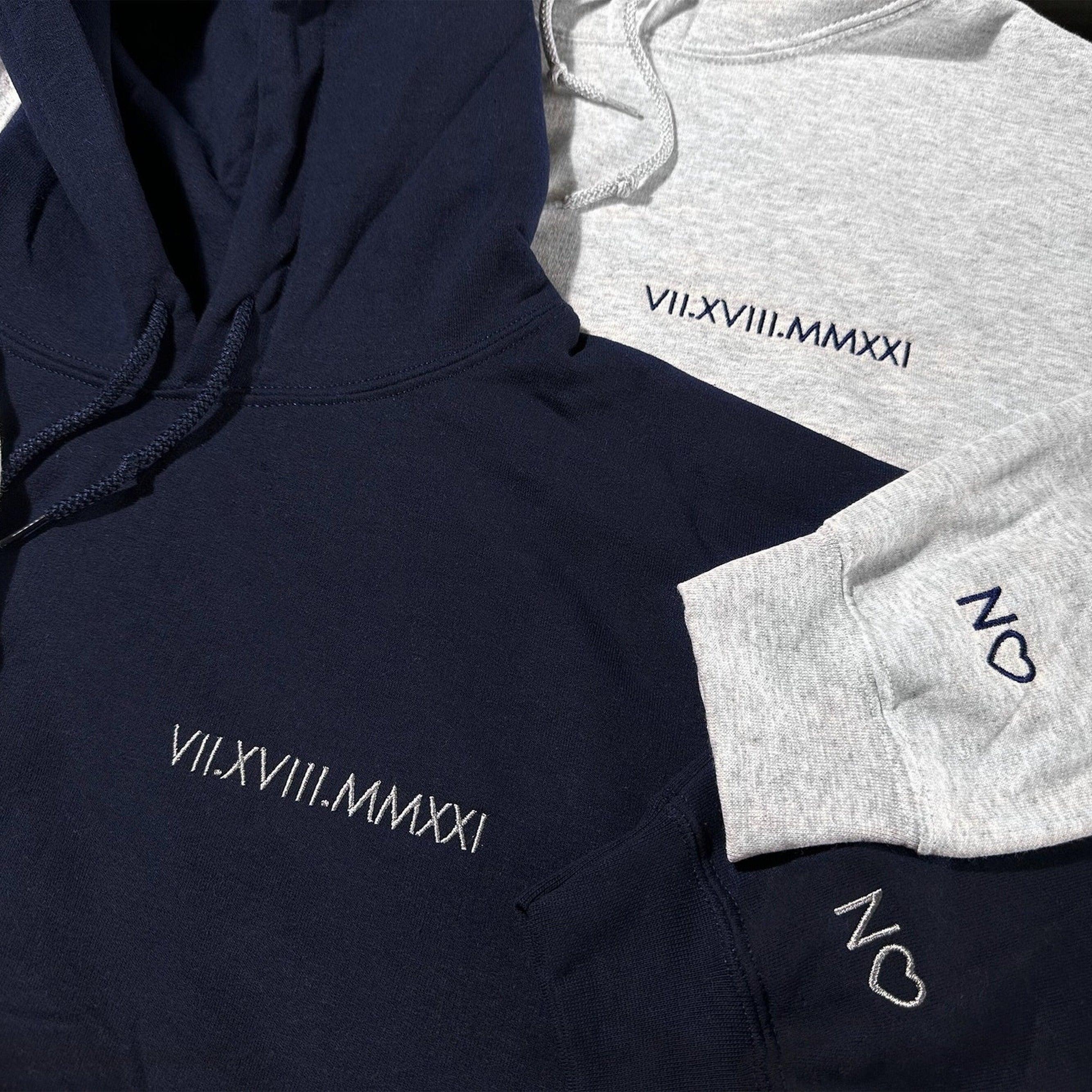 Personalized Anniversary Date Roman Numeral Custom Embroidered Initial Heart Couple Hoodies