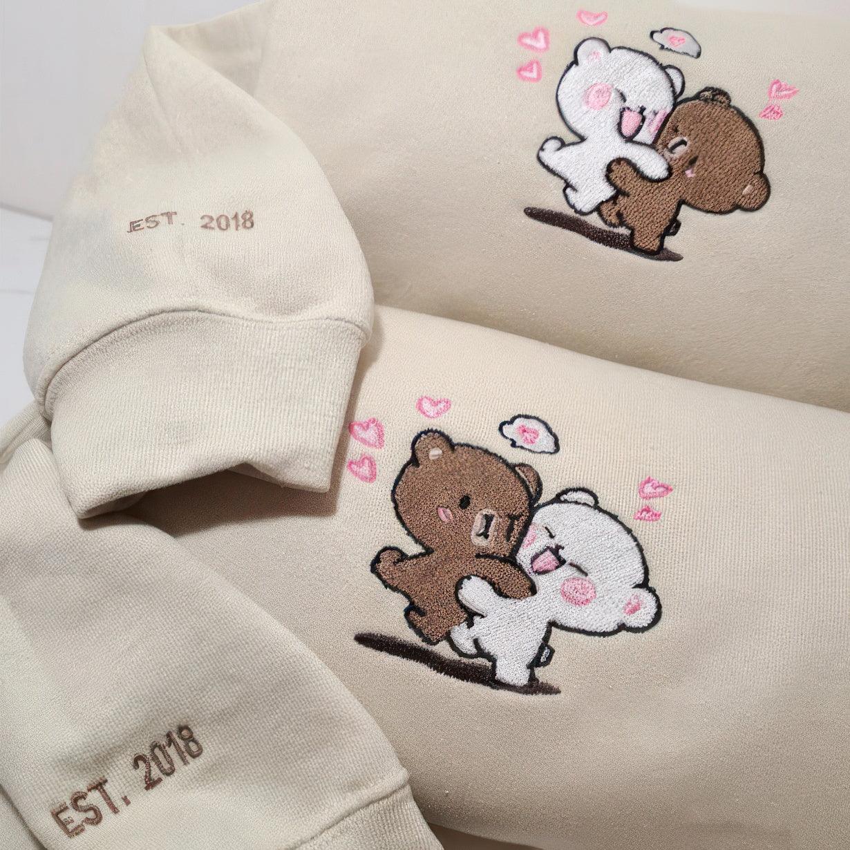 Custom Embroidered Sweatshirts For Couples, Custom Brown and Cream Bears Custom Embroidered Crewneck
