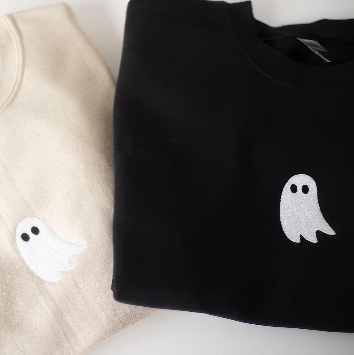 Custom Embroidered Halloween Sweatshirts For Couples, Halloween Cute Ghost Couples Embroidered Sweatshirt, Couple Ghost Halloween Sweater