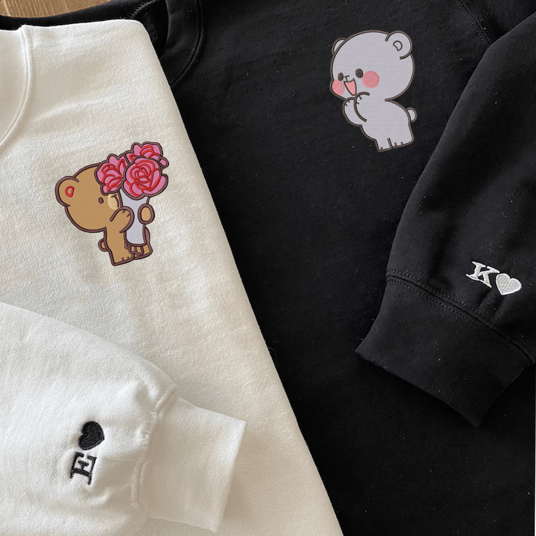 Custom Embroidered Sweatshirts For Couples, Custom Brown and Cream Bears Embroidered Sweatshirt