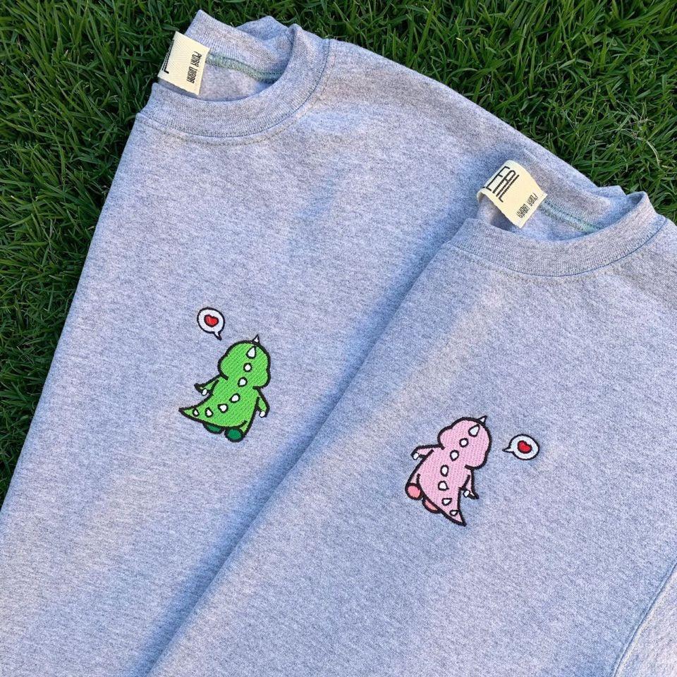 Custom Embroidered Halloween Hoodies For Couples, Custom Embroidered Funny Cartoon Dinosaur Anniversary Date Matching Couples Embroidered Hoodies