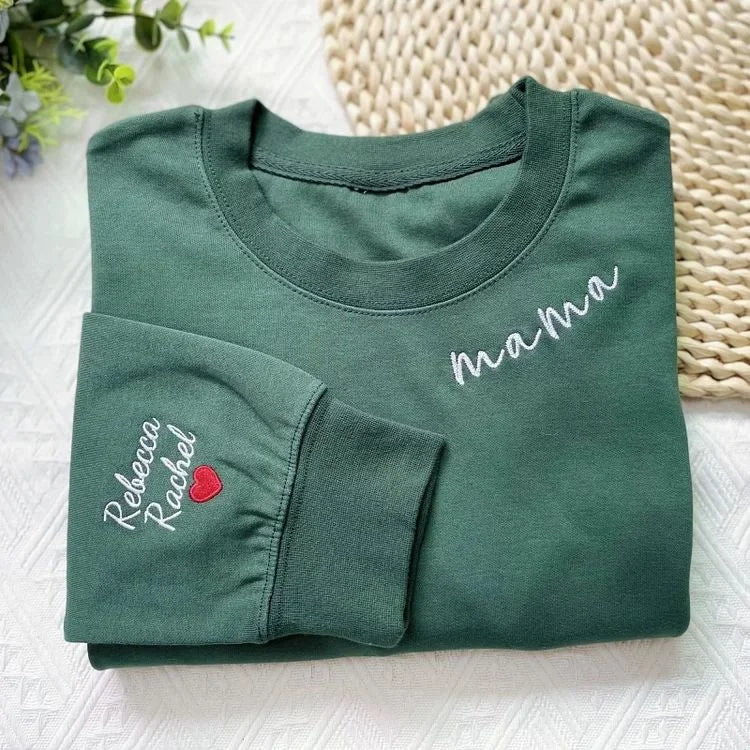 Custom Mama Christmas Sweatshirt With Kids’ Names on Sleeve, Personalized Embroidered Gift