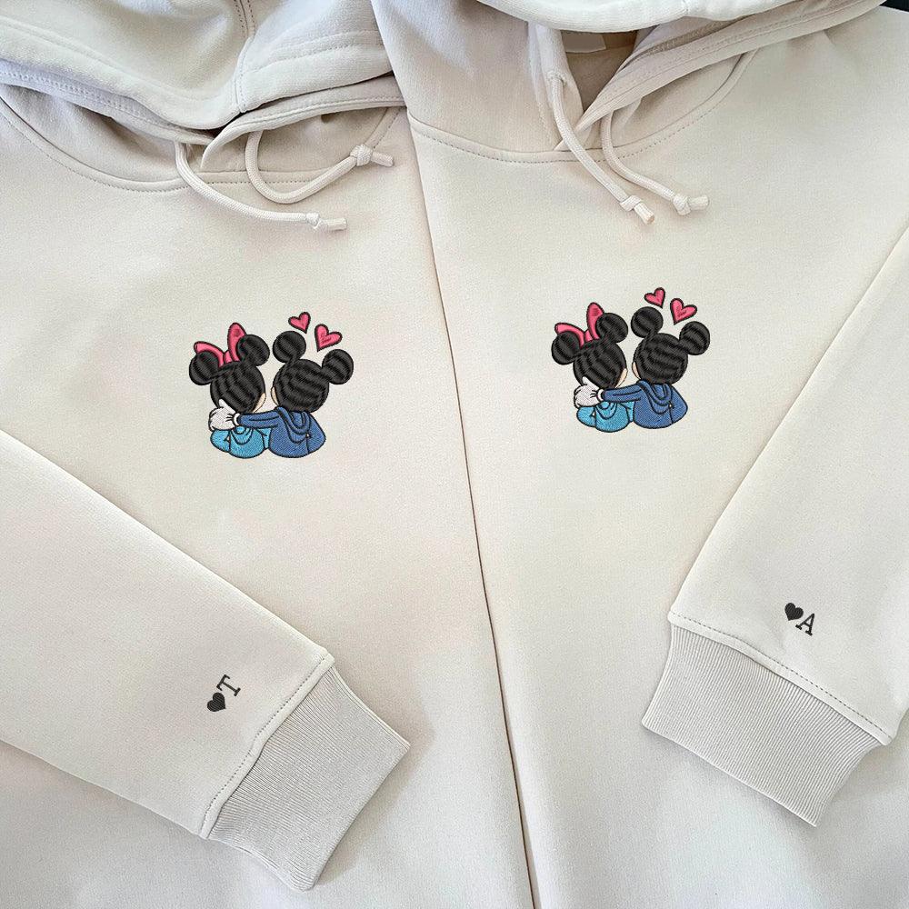 Custom Embroidered Hoodies For Couples, Couples With Matching Hoodies, Cute Couples Mouse Hearts Embroidered Hoodie
