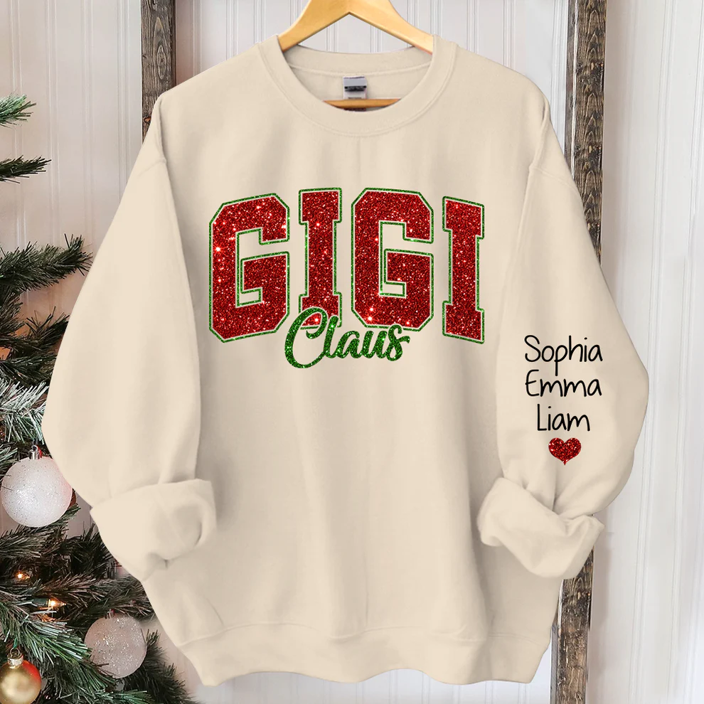 Custom Glitter Print Gigi Claus Christmas Grandma Nickname Sweatshirt With Grandkids Name