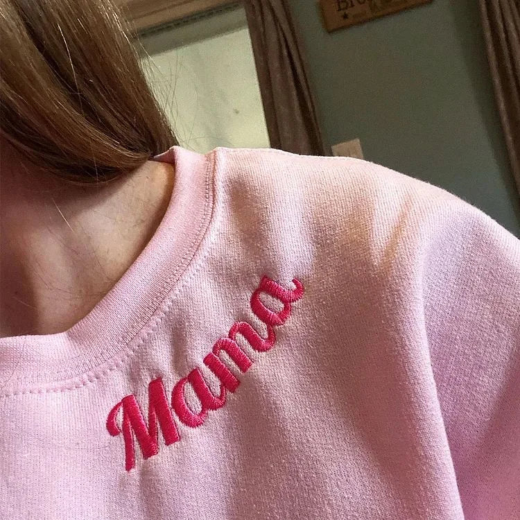 Custom Mama Christmas Sweatshirt With Kids’ Names on Sleeve, Personalized Embroidered Gift