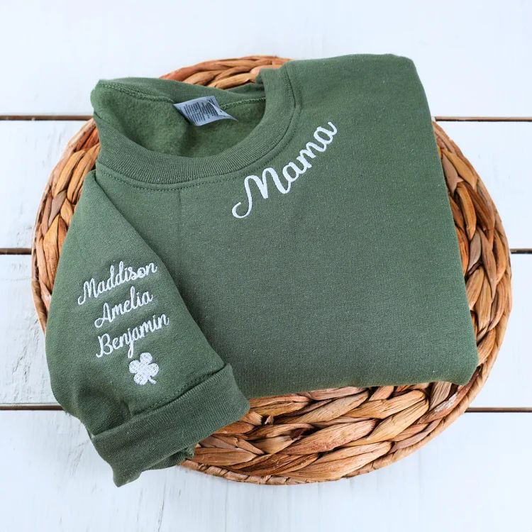 Custom Mama Christmas Sweatshirt With Kids’ Names on Sleeve, Personalized Embroidered Gift