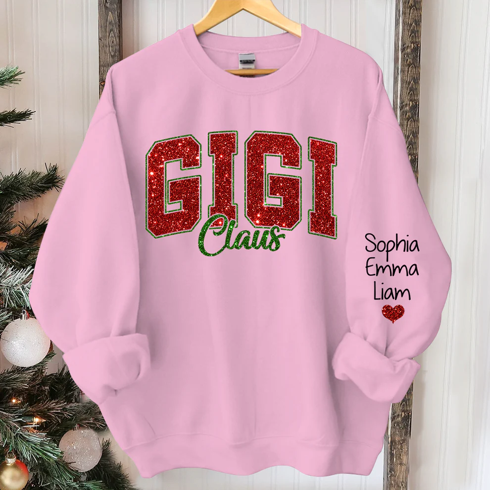 Custom Glitter Print Gigi Claus Christmas Grandma Nickname Sweatshirt With Grandkids Name