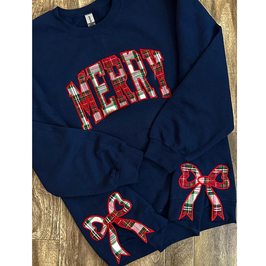 Merry Side Bow Cut-Out Christmas Sweatshirt – Cozy Plaid Holiday Pullover for Women
