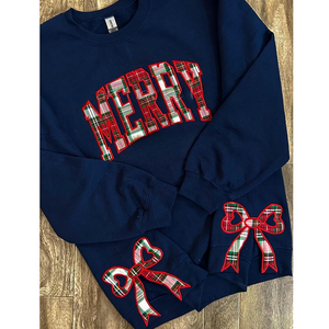 Merry Side Bow Cut-Out Christmas Sweatshirt – Cozy Plaid Holiday Pullover for Women