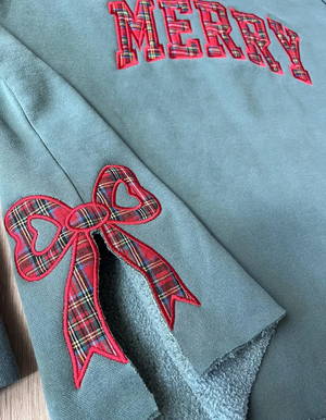 Merry Side Bow Cut-Out Christmas Sweatshirt – Cozy Plaid Holiday Pullover for Women