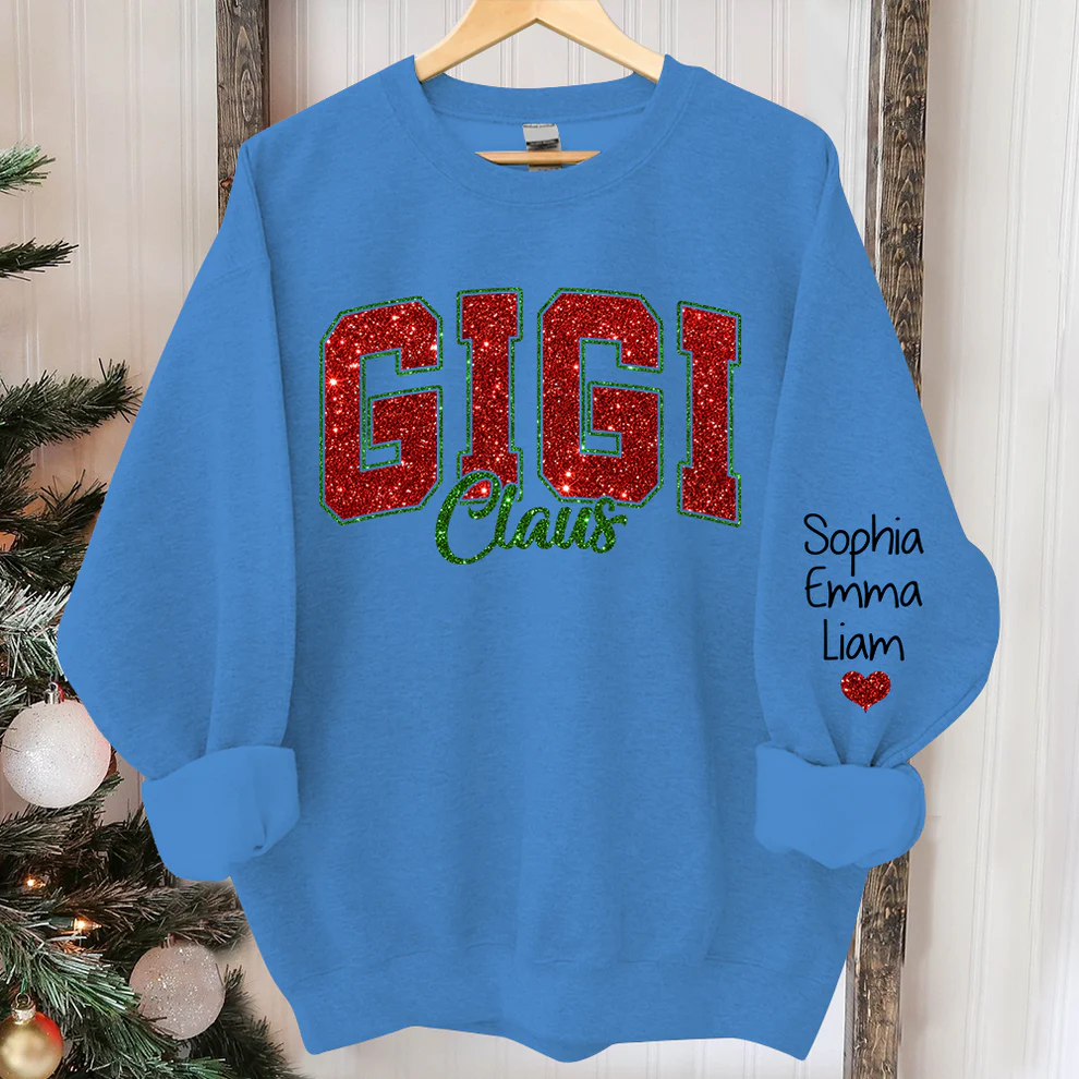 Custom Glitter Print Gigi Claus Christmas Grandma Nickname Sweatshirt With Grandkids Name