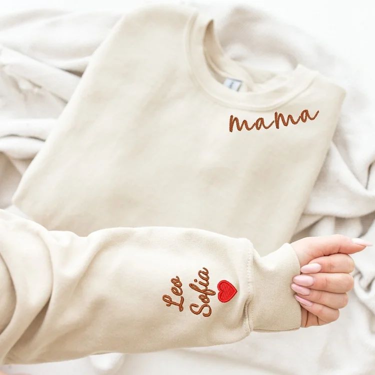 Custom Mama Christmas Sweatshirt With Kids’ Names on Sleeve, Personalized Embroidered Gift