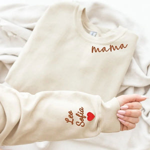 Custom Mama Christmas Sweatshirt With Kids’ Names on Sleeve, Personalized Embroidered Gift