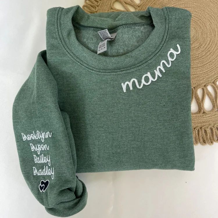 Custom Mama Christmas Sweatshirt With Kids’ Names on Sleeve, Personalized Embroidered Gift