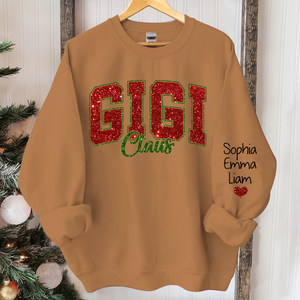 Custom Glitter Print Gigi Claus Christmas Grandma Nickname Sweatshirt With Grandkids Name