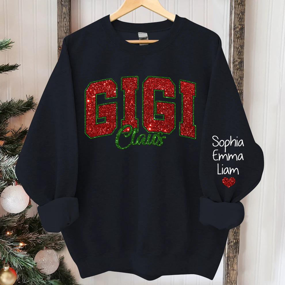 Custom Glitter Print Gigi Claus Christmas Grandma Nickname Sweatshirt With Grandkids Name