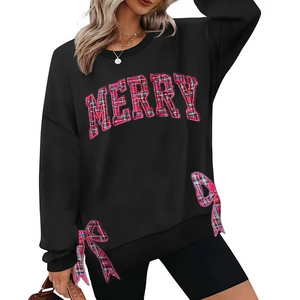 Merry Side Bow Cut-Out Christmas Sweatshirt – Cozy Plaid Holiday Pullover for Women