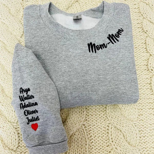 Custom Mama Christmas Sweatshirt With Kids’ Names on Sleeve, Personalized Embroidered Gift