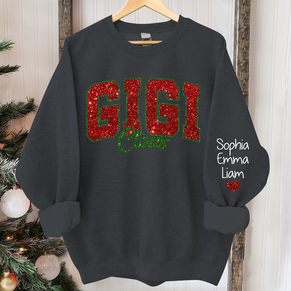 Custom Glitter Print Gigi Claus Christmas Grandma Nickname Sweatshirt With Grandkids Name