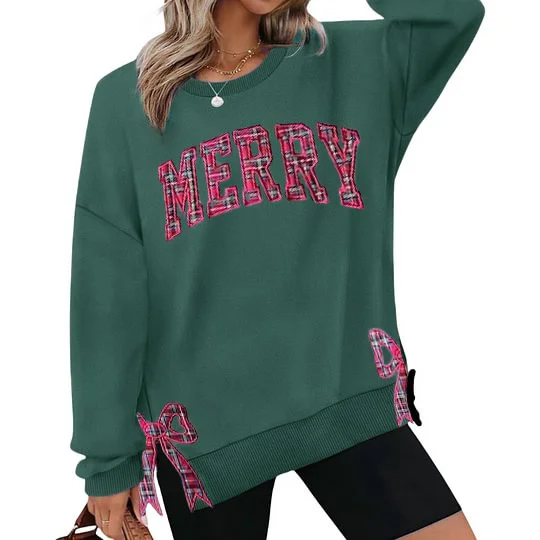 Merry Side Bow Cut-Out Christmas Sweatshirt – Cozy Plaid Holiday Pullover for Women