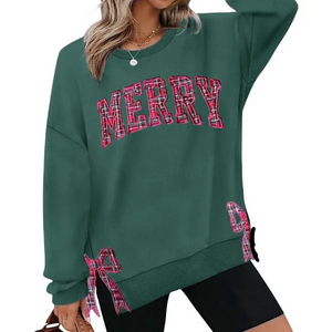 Merry Side Bow Cut-Out Christmas Sweatshirt – Cozy Plaid Holiday Pullover for Women