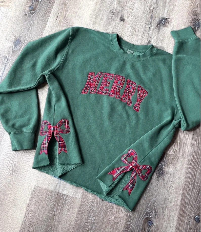 Merry Side Bow Cut-Out Christmas Sweatshirt – Cozy Plaid Holiday Pullover for Women