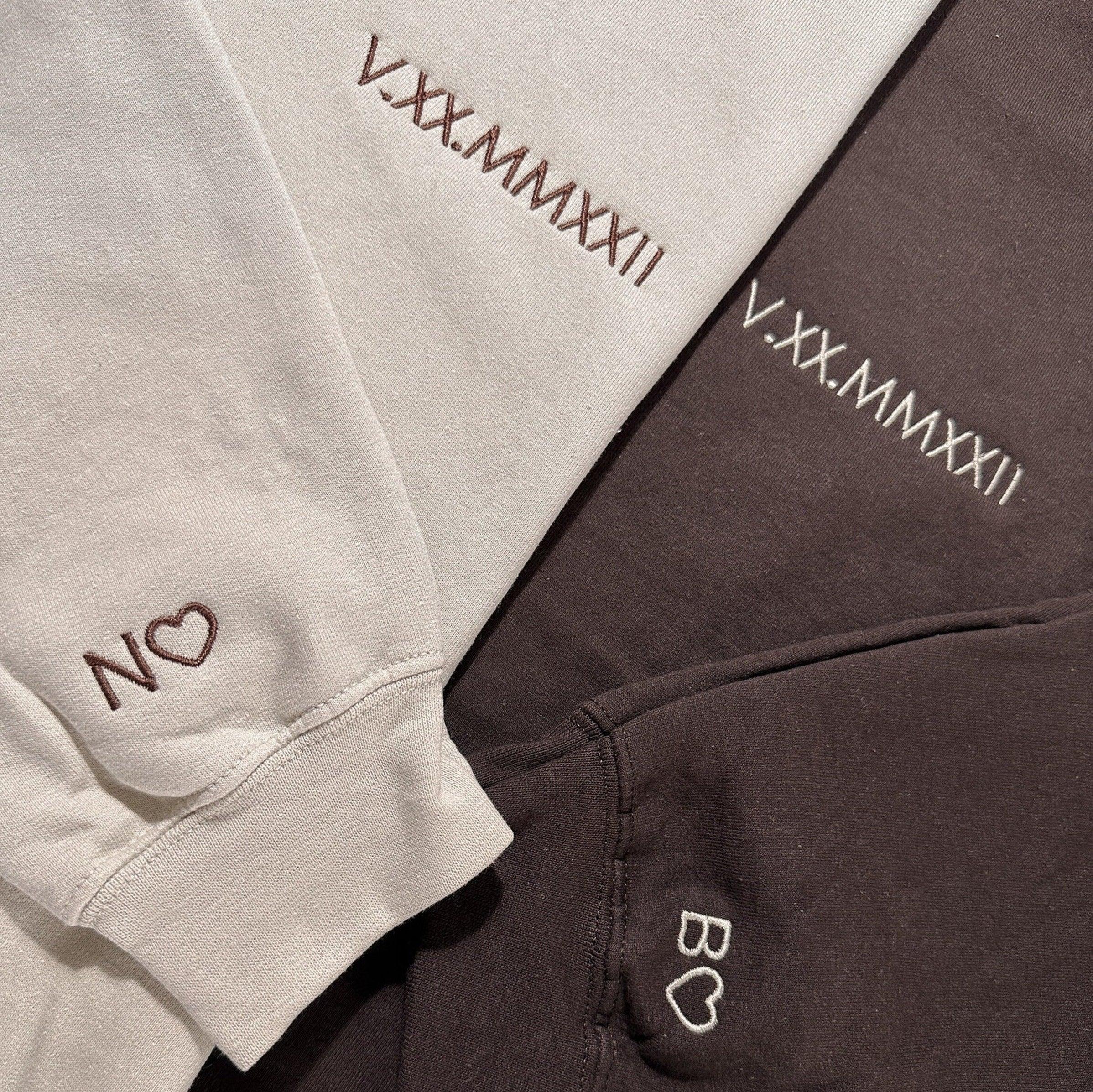 Personalized Anniversary Date Roman Numeral Custom Embroidered Initial Heart Couple Hoodies