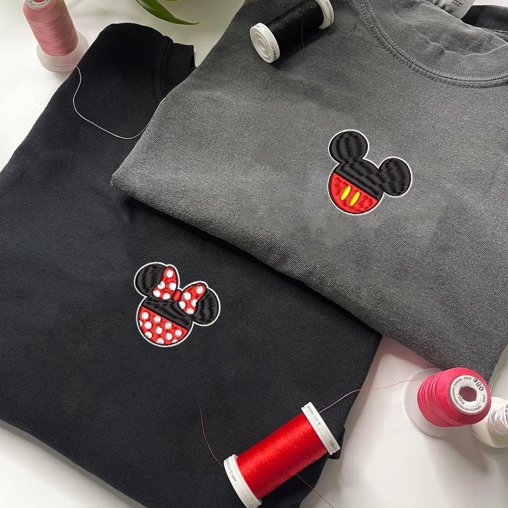 Custom Embroidered Sweatshirts For Couples, Custom Matching Couple Sweatshirt, Cartoon Mouse Happy Couples Embroidered Sweater