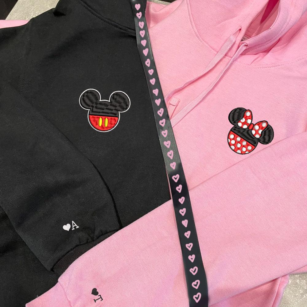Custom Embroidered Hoodies For Couples, Custom Matching Couple Hoodie, Cartoon Mouse Happy Couples Embroidered Hoodie