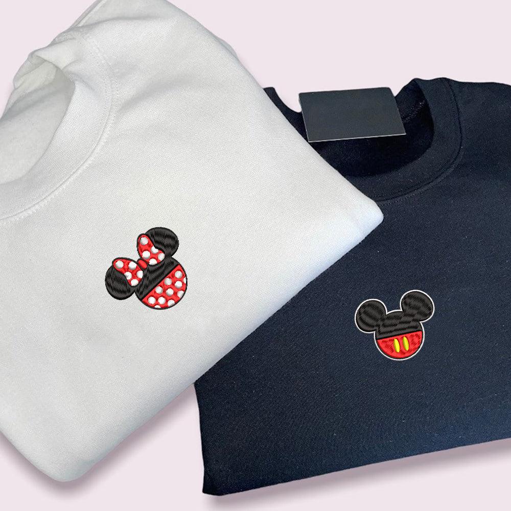 Custom Embroidered Sweatshirts For Couples, Custom Matching Couple Sweatshirt, Cartoon Mouse Happy Couples Embroidered Sweater