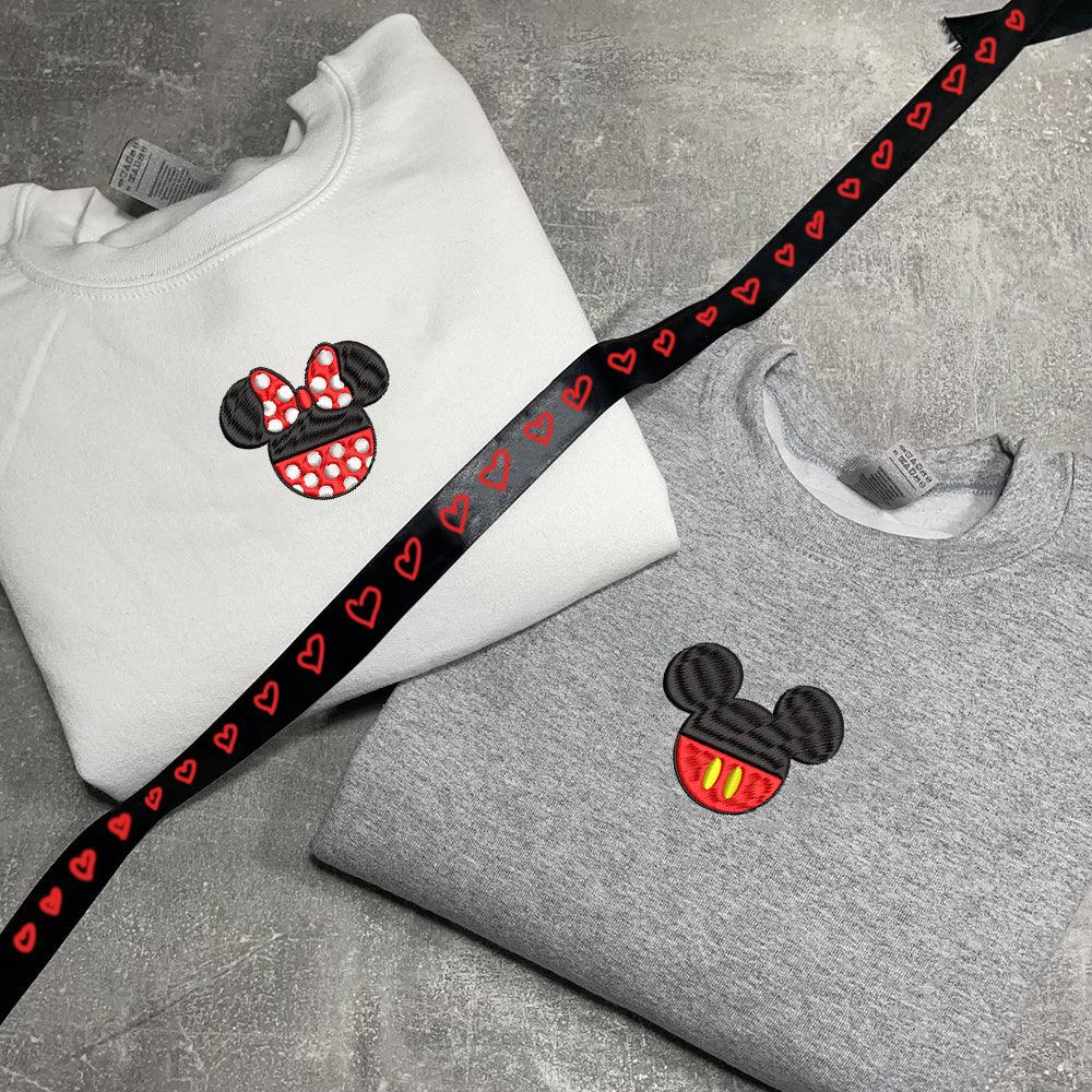 Custom Embroidered Sweatshirts For Couples, Custom Matching Couple Sweatshirt, Cartoon Mouse Happy Couples Embroidered Sweater