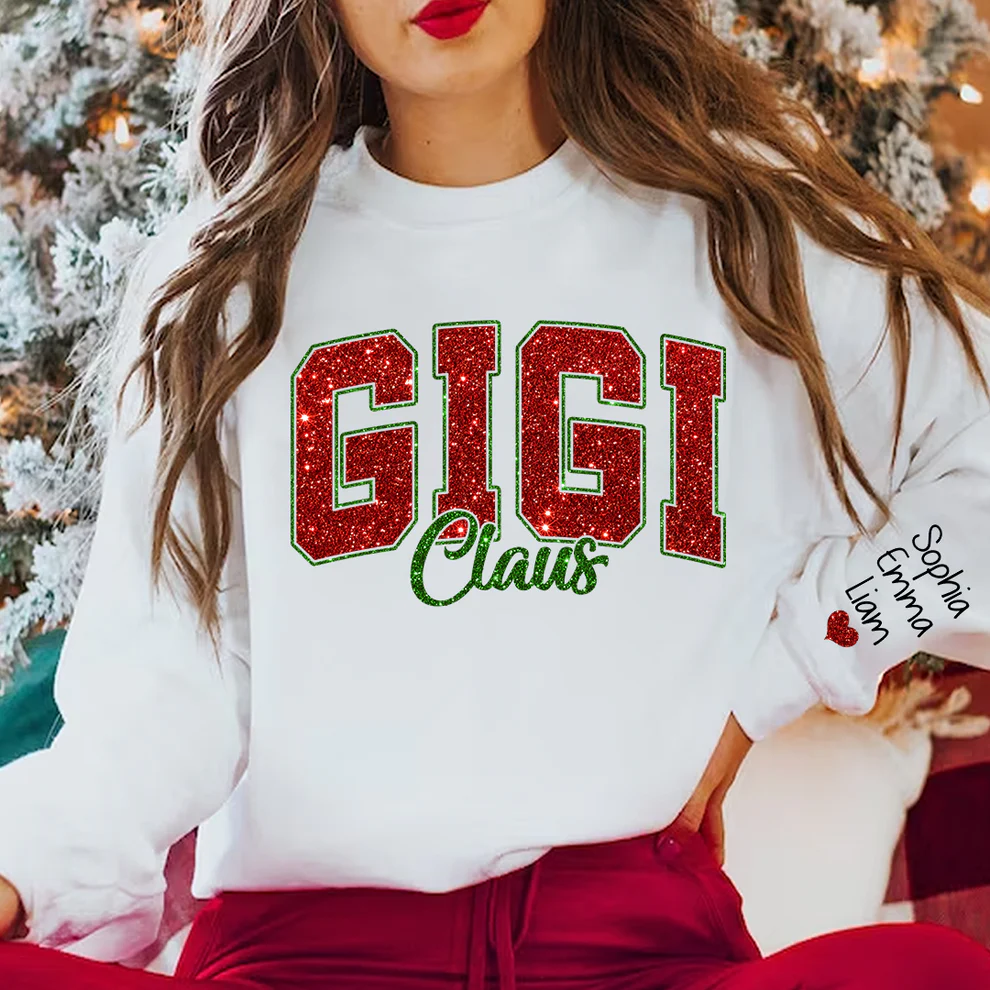 Custom Glitter Print Gigi Claus Christmas Grandma Nickname Sweatshirt With Grandkids Name