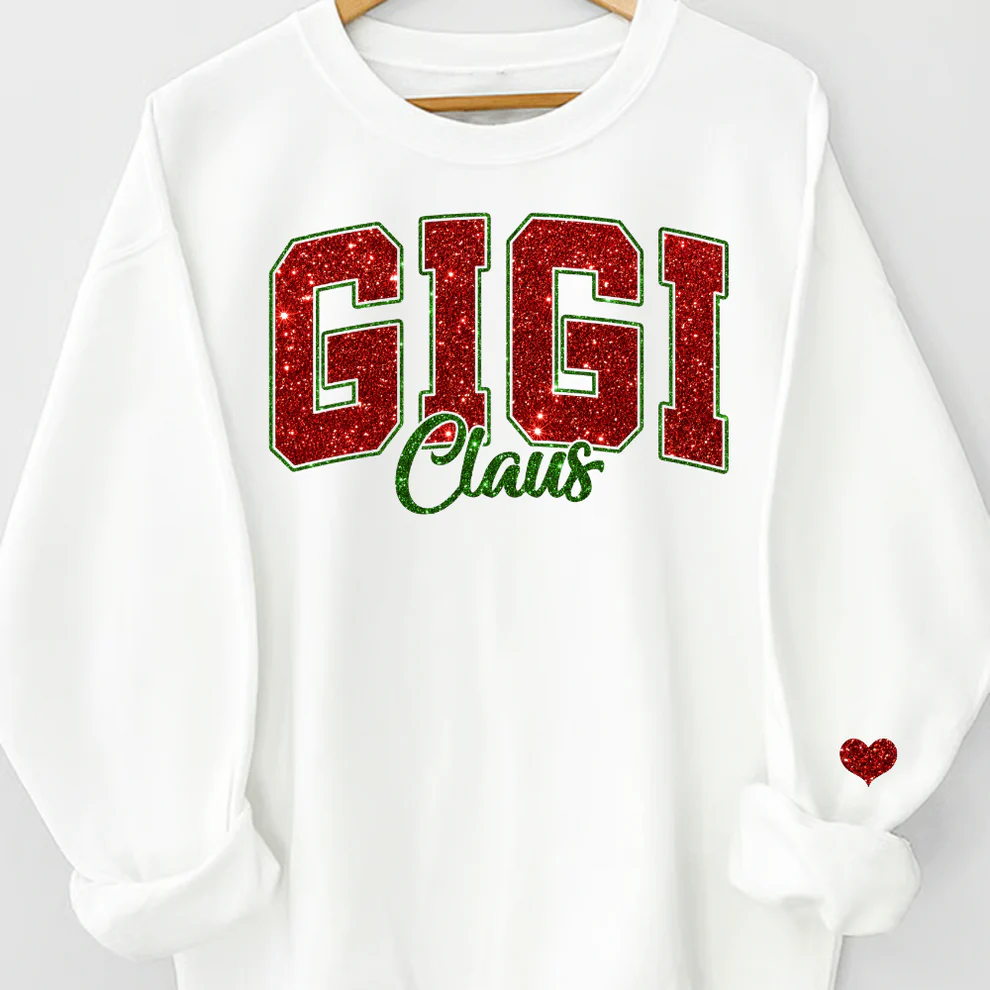 Custom Glitter Print Gigi Claus Christmas Grandma Nickname Sweatshirt With Grandkids Name