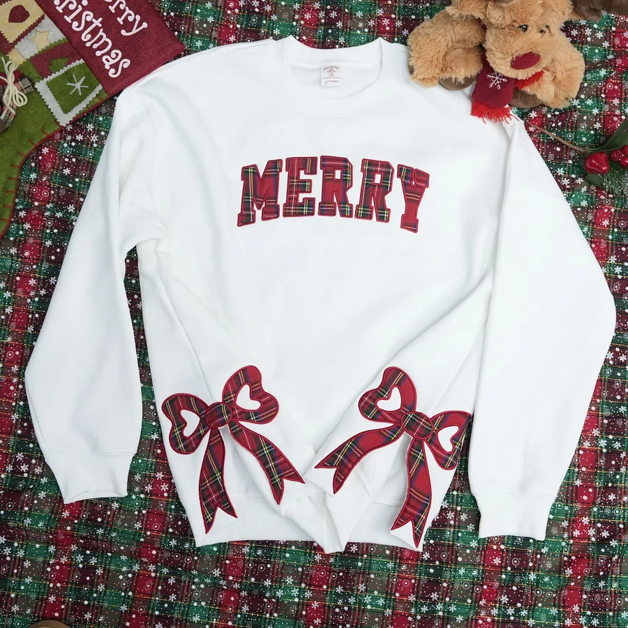 Merry Side Bow Cut-Out Christmas Sweatshirt – Cozy Plaid Holiday Pullover for Women
