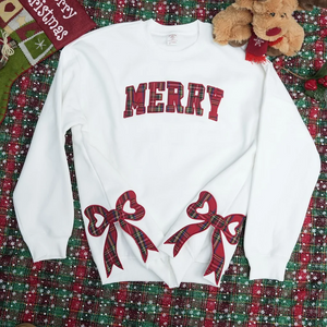 Merry Side Bow Cut-Out Christmas Sweatshirt – Cozy Plaid Holiday Pullover for Women