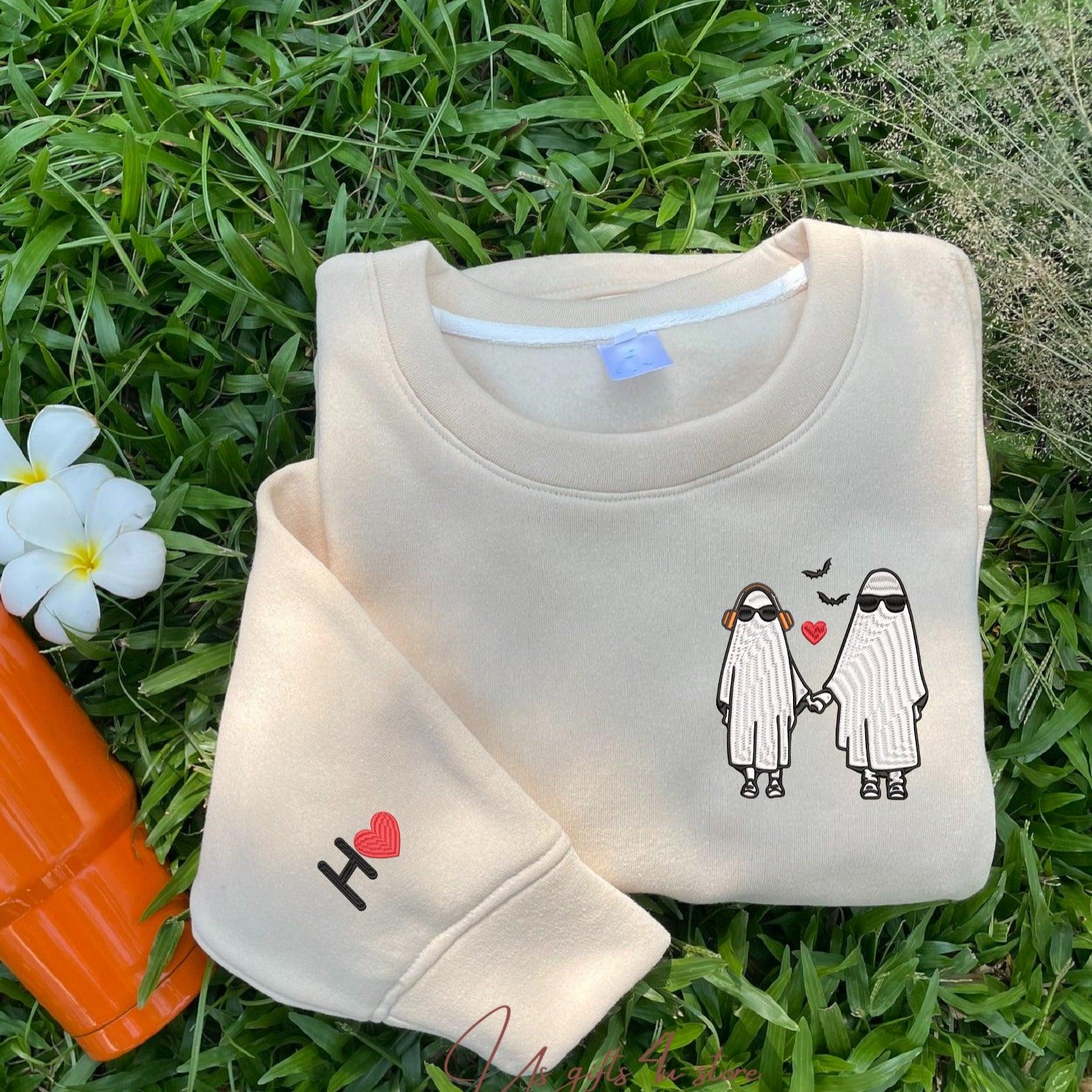 Custom Embroidered Halloween Sweatshirts For Couples, Halloween Couples Ghost Embroidered Sweatshirt, Ghost Season Embroidered Sweater
