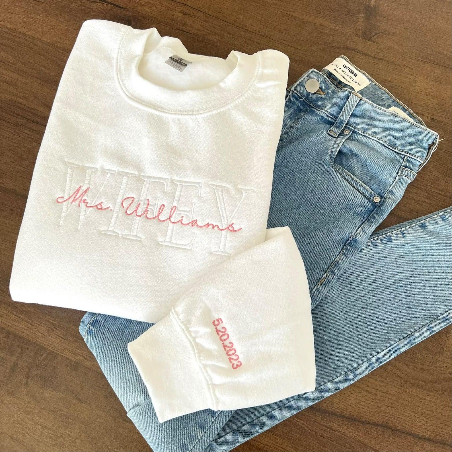 Custom Embroidered Mr Mrs Hubby Wifey Date On Sleeve Couple Matching Embroidered Sweatshirt