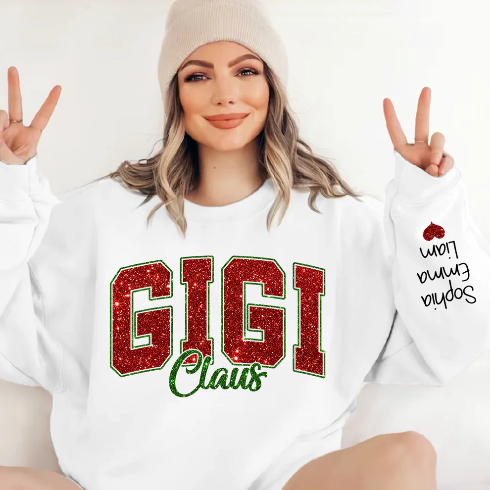Custom Glitter Print Gigi Claus Christmas Grandma Nickname Sweatshirt With Grandkids Name