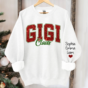 Custom Glitter Print Gigi Claus Christmas Grandma Nickname Sweatshirt With Grandkids Name