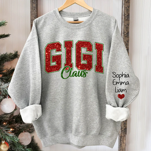 Custom Glitter Print Gigi Claus Christmas Grandma Nickname Sweatshirt With Grandkids Name