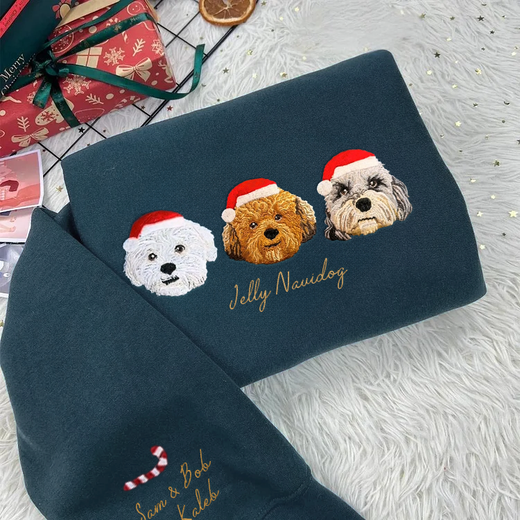 Custom Pet Portrait Christmas Sweatshirt – Embroidered Dog &amp; Cat Hoodie