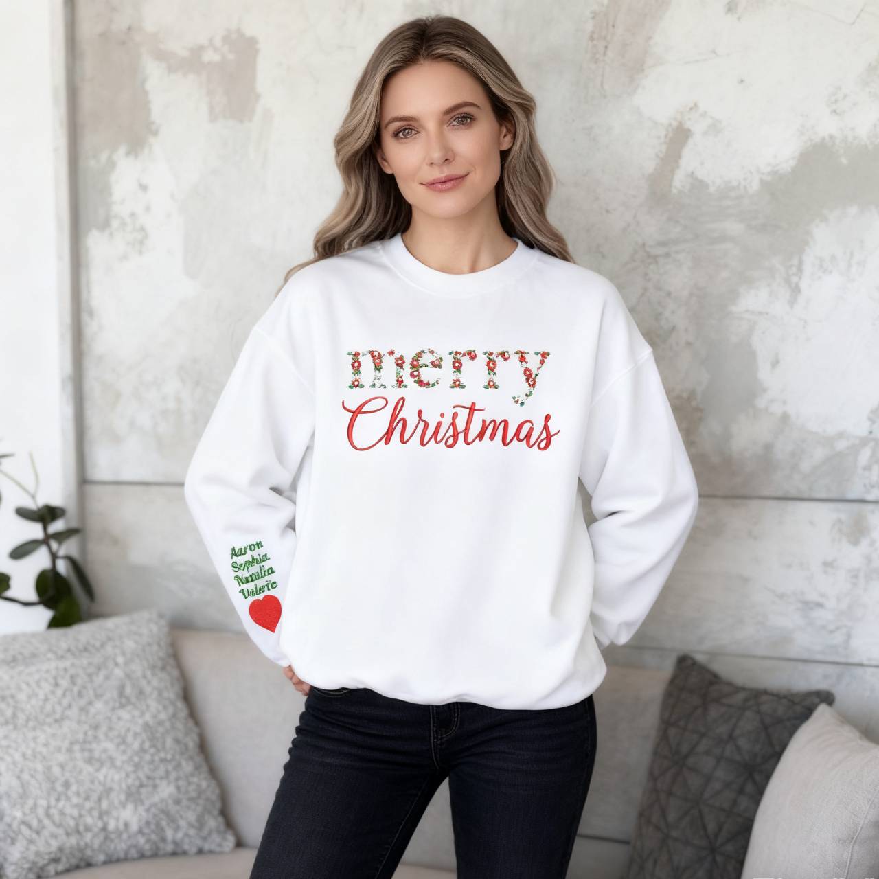 Custom Merry Christmas Floral Embroidered Sweatshirt