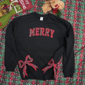 Merry Side Bow Cut-Out Christmas Sweatshirt – Cozy Plaid Holiday Pullover for Women