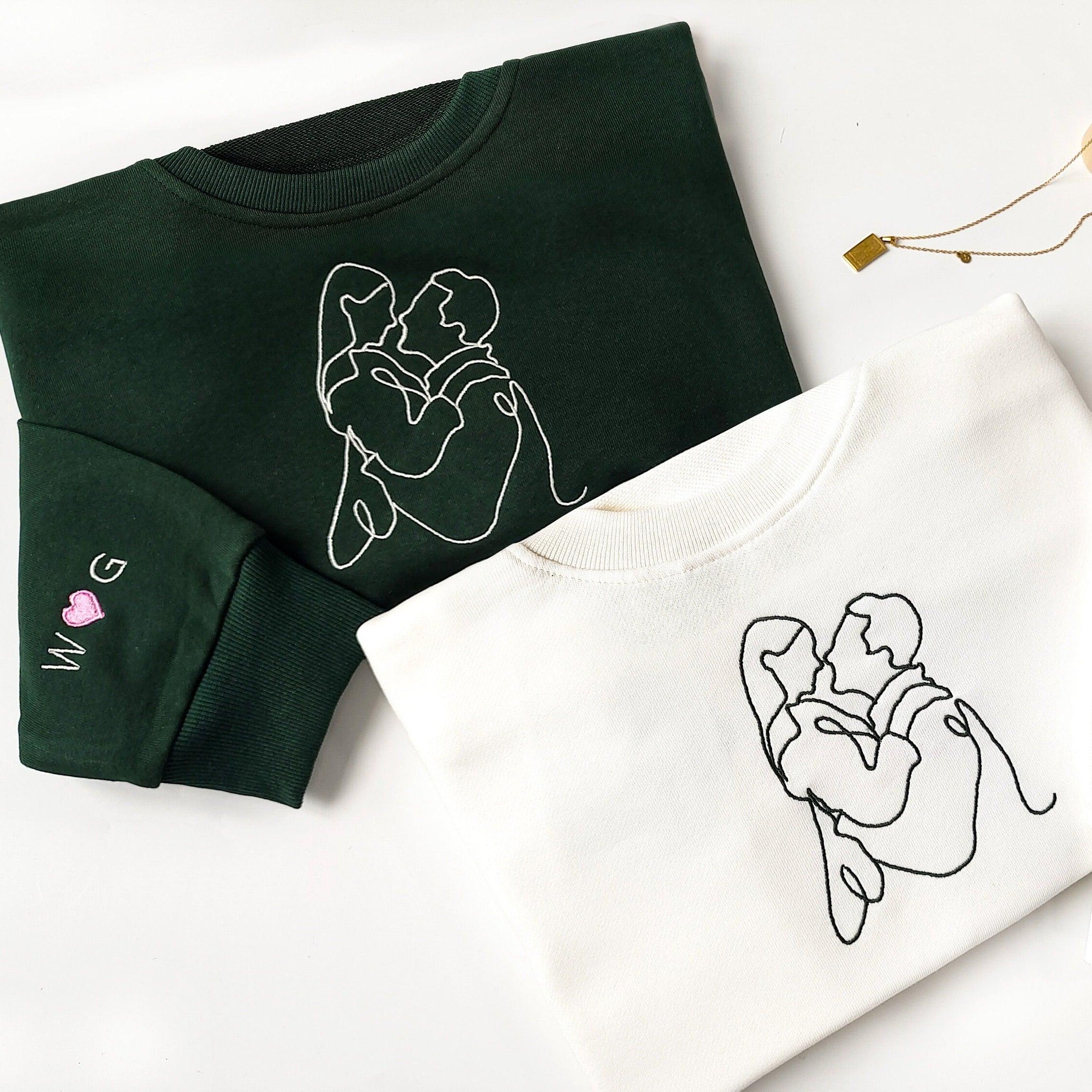 Custom Embroidered Sweatshirts For Couples, Custom Embroidered Portrait From Photo Matching Couple Sweatshirt Hoodie, Outline Photo Sweater