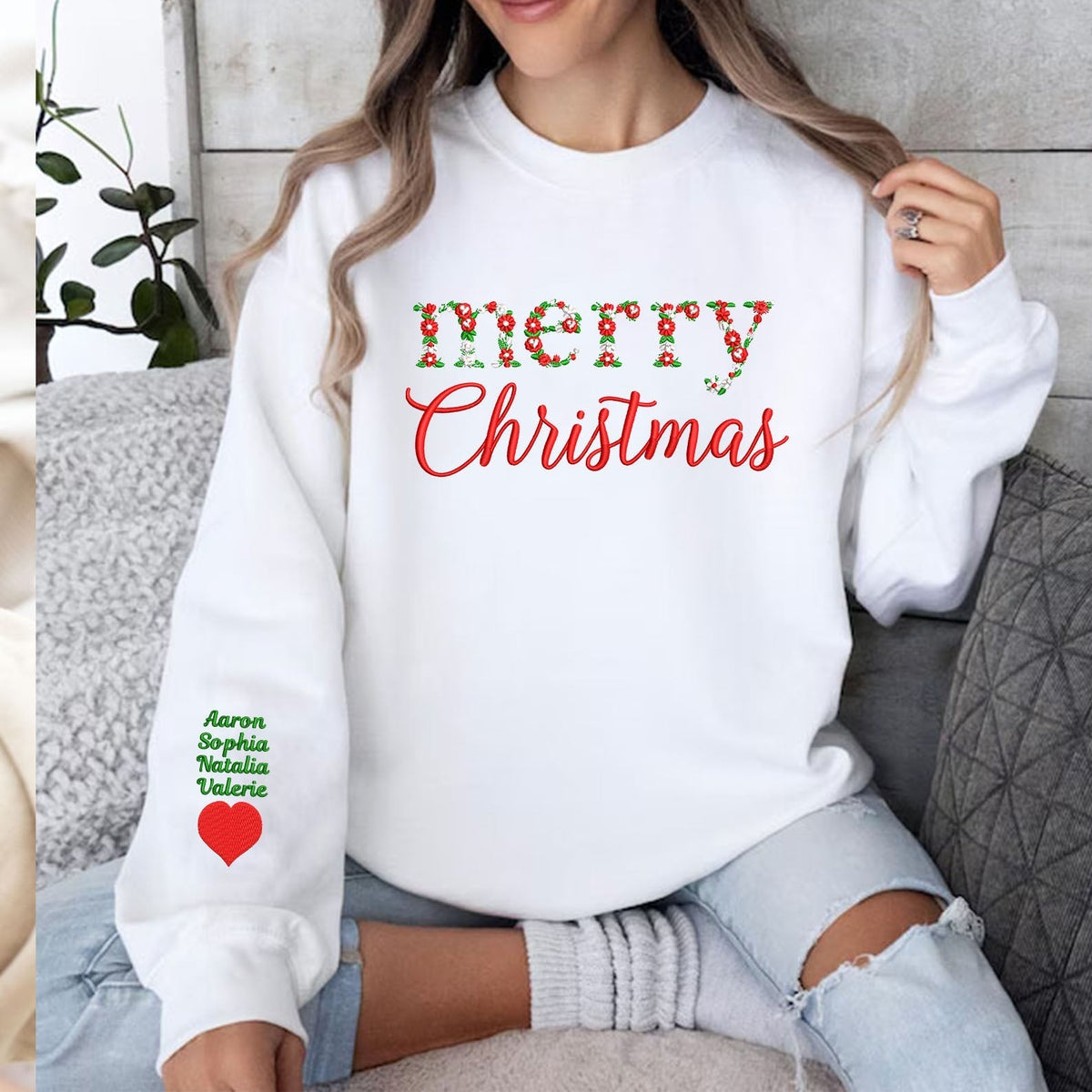 Custom Merry Christmas Floral Embroidered Sweatshirt