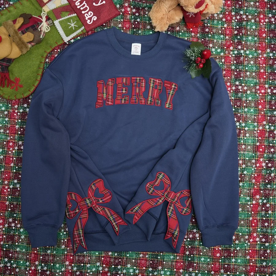 Merry Side Bow Cut-Out Christmas Sweatshirt – Cozy Plaid Holiday Pullover for Women