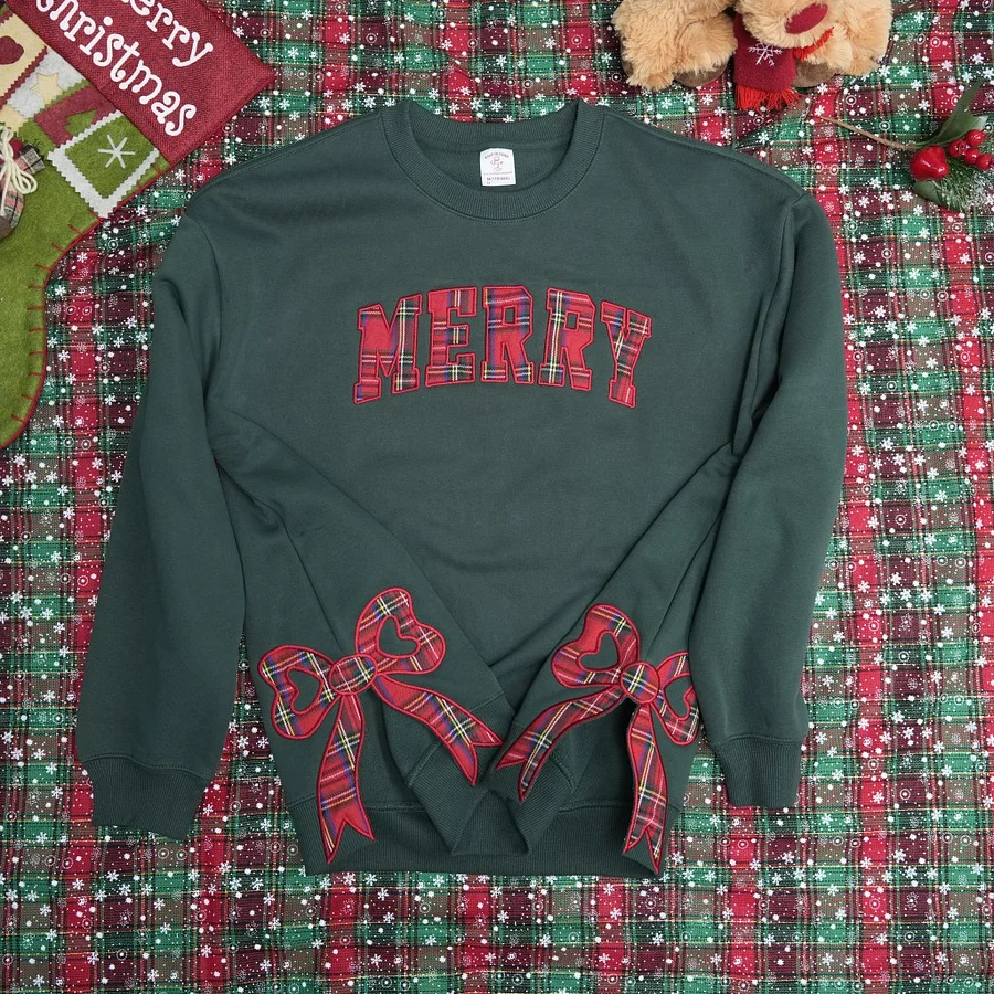 Merry Side Bow Cut-Out Christmas Sweatshirt – Cozy Plaid Holiday Pullover for Women