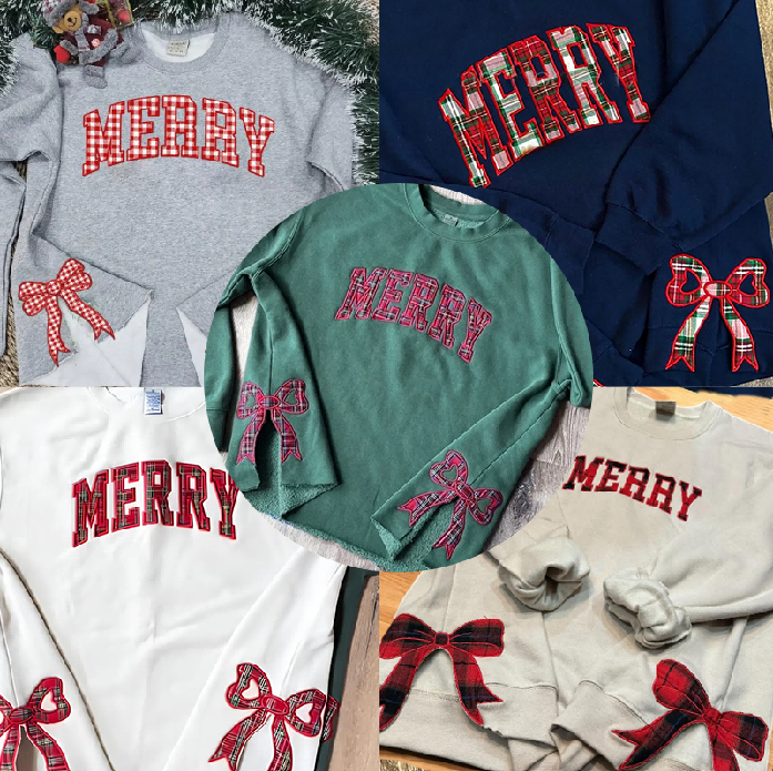 Merry Side Bow Cut-Out Christmas Sweatshirt – Cozy Plaid Holiday Pullover for Women