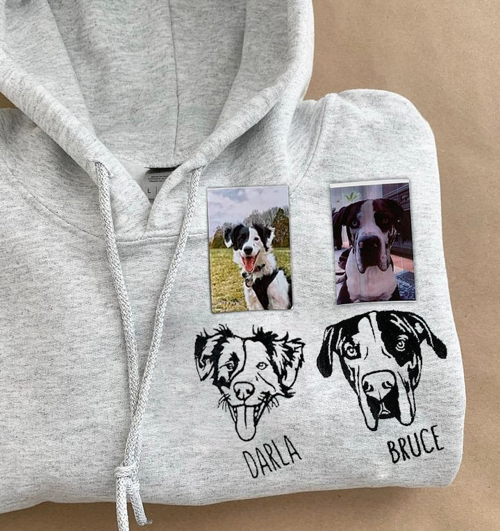 Custom Embroidered Multi-Pet Portrait Hoodie – Personalized Dog &amp; Cat Sweatshirt